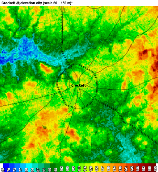 Zoom OUT 2x Crockett, United States elevation map