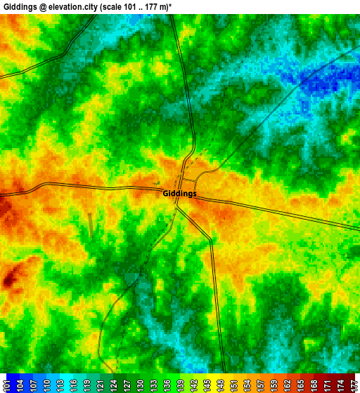 Zoom OUT 2x Giddings, United States elevation map