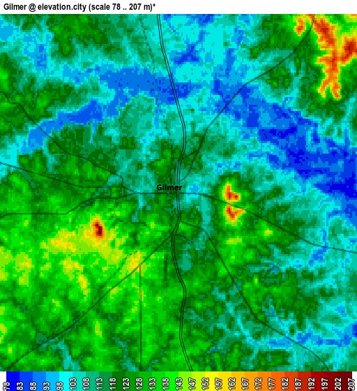 Zoom OUT 2x Gilmer, United States elevation map