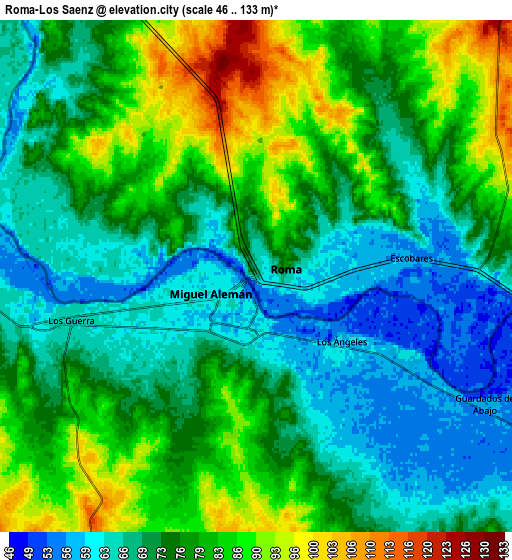 Zoom OUT 2x Roma-Los Saenz, United States elevation map