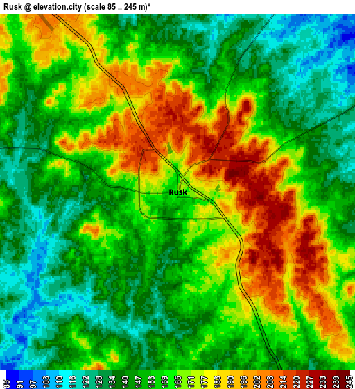 Zoom OUT 2x Rusk, United States elevation map