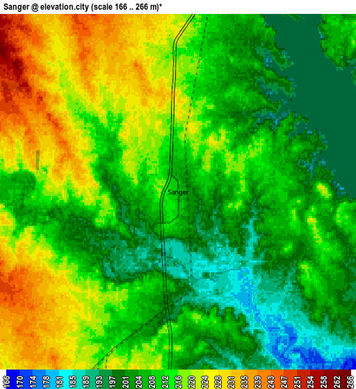 Zoom OUT 2x Sanger, United States elevation map