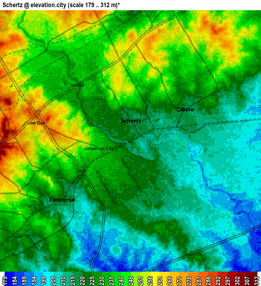 Zoom OUT 2x Schertz, United States elevation map