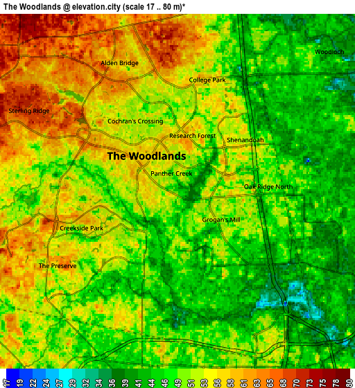 Zoom OUT 2x The Woodlands, United States elevation map