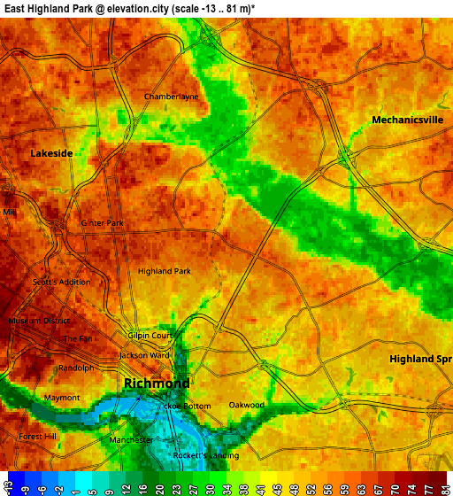 Zoom OUT 2x East Highland Park, United States elevation map