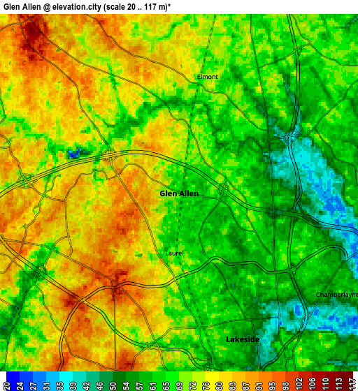 Zoom OUT 2x Glen Allen, United States elevation map