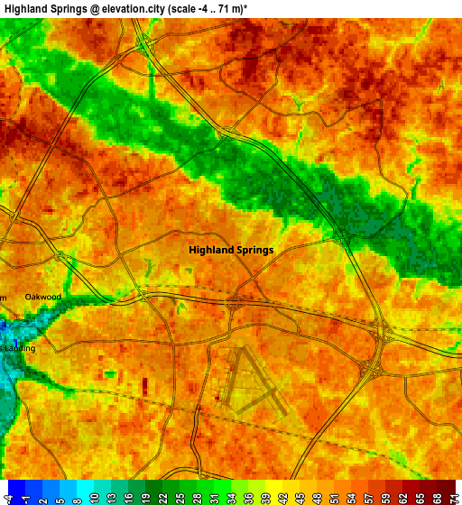 Zoom OUT 2x Highland Springs, United States elevation map