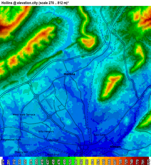 Zoom OUT 2x Hollins, United States elevation map