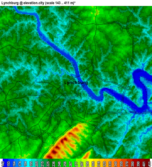 Zoom OUT 2x Lynchburg, United States elevation map
