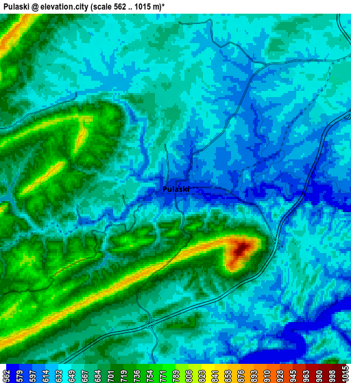 Zoom OUT 2x Pulaski, United States elevation map