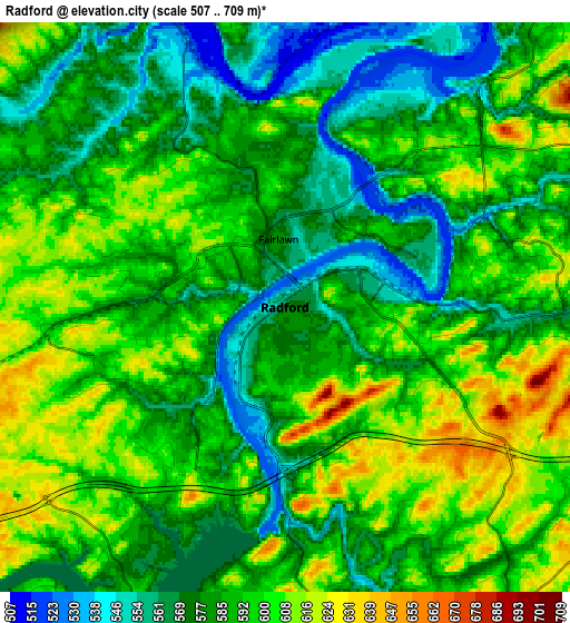 Zoom OUT 2x Radford, United States elevation map