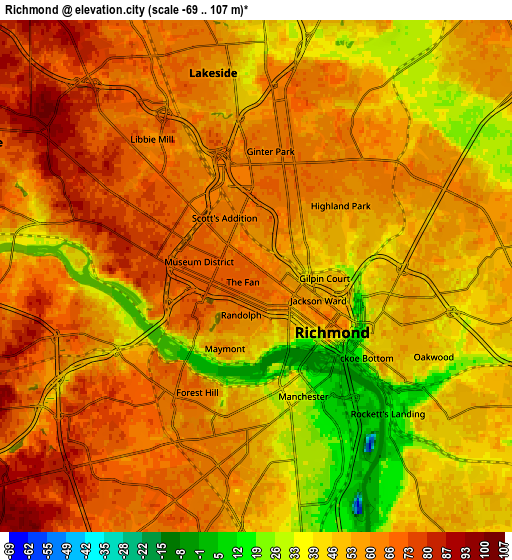 Zoom OUT 2x Richmond, United States elevation map