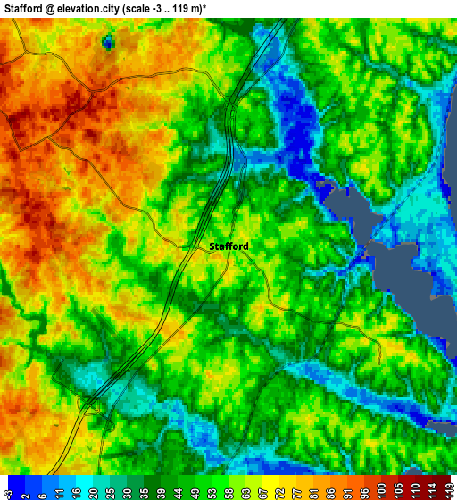 Zoom OUT 2x Stafford, United States elevation map