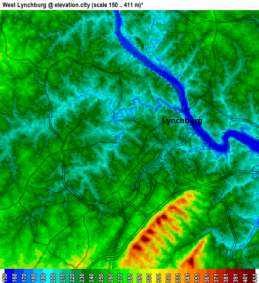 Zoom OUT 2x West Lynchburg, United States elevation map