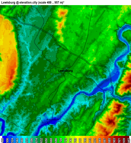 Zoom OUT 2x Lewisburg, United States elevation map