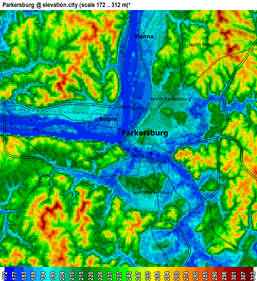 Zoom OUT 2x Parkersburg, United States elevation map