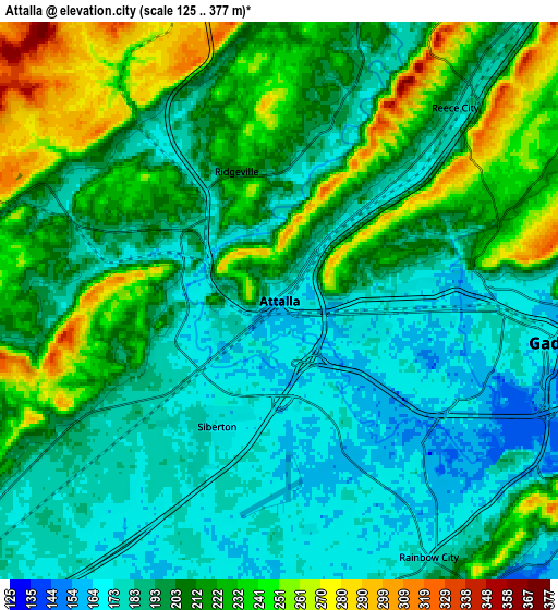 Zoom OUT 2x Attalla, United States elevation map