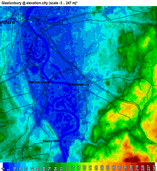 Zoom OUT 2x Glastonbury, United States elevation map