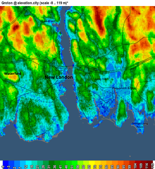 Zoom OUT 2x Groton, United States elevation map