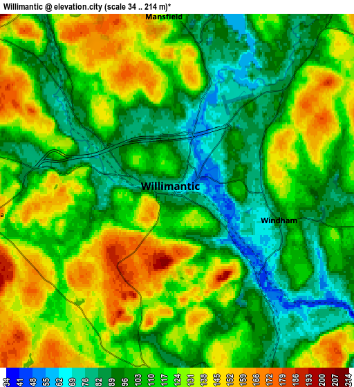 Zoom OUT 2x Willimantic, United States elevation map