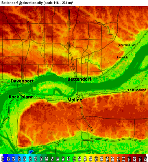 Zoom OUT 2x Bettendorf, United States elevation map