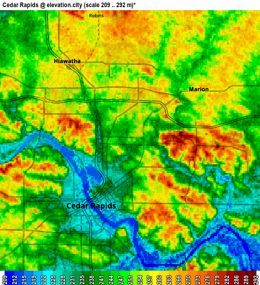 Zoom OUT 2x Cedar Rapids, United States elevation map