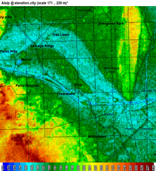 Zoom OUT 2x Alsip, United States elevation map