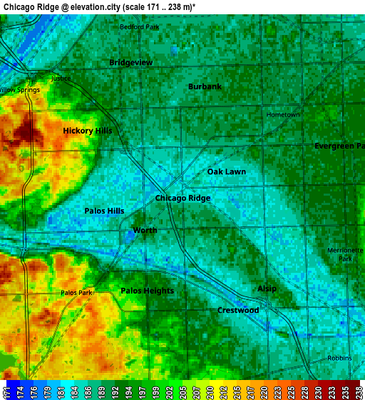 Zoom OUT 2x Chicago Ridge, United States elevation map