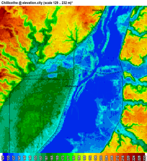 Zoom OUT 2x Chillicothe, United States elevation map