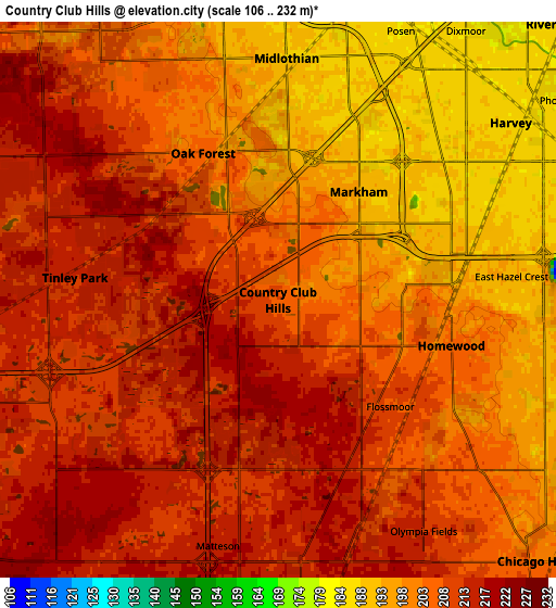 Zoom OUT 2x Country Club Hills, United States elevation map