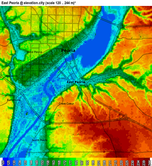 Zoom OUT 2x East Peoria, United States elevation map