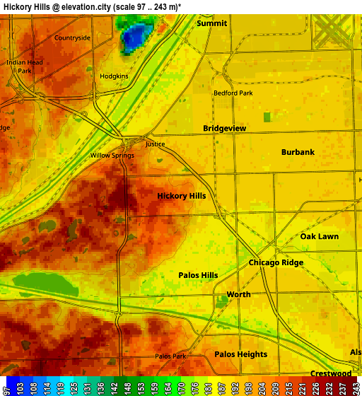 Zoom OUT 2x Hickory Hills, United States elevation map