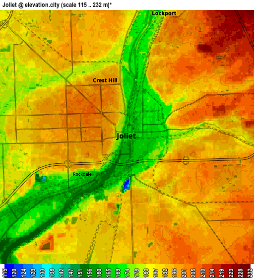 Zoom OUT 2x Joliet, United States elevation map