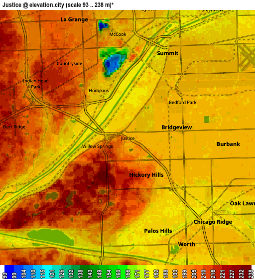 Zoom OUT 2x Justice, United States elevation map