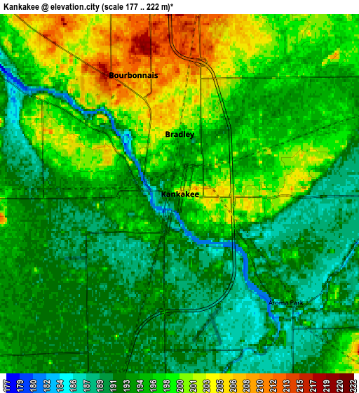 Zoom OUT 2x Kankakee, United States elevation map