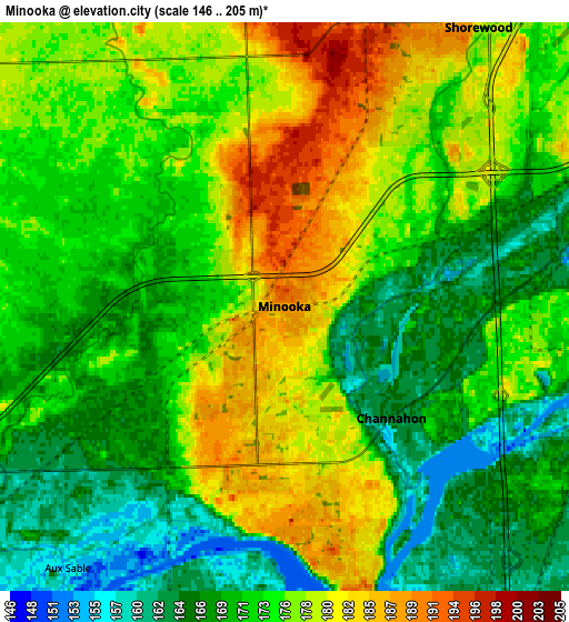 Zoom OUT 2x Minooka, United States elevation map