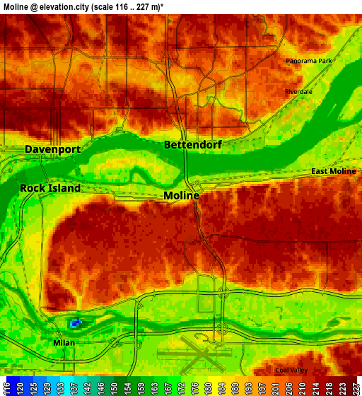 Zoom OUT 2x Moline, United States elevation map