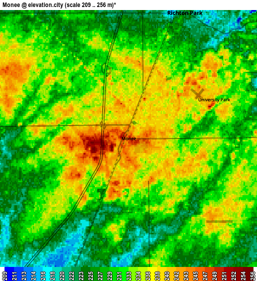 Zoom OUT 2x Monee, United States elevation map