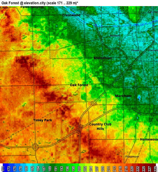 Zoom OUT 2x Oak Forest, United States elevation map