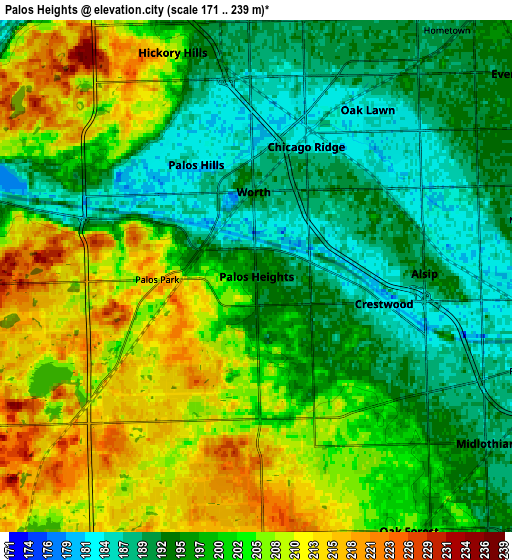 Zoom OUT 2x Palos Heights, United States elevation map