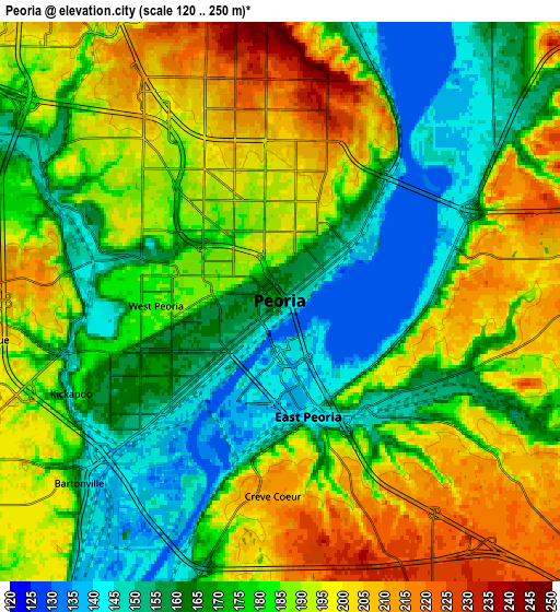 Zoom OUT 2x Peoria, United States elevation map