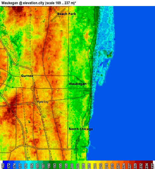 Zoom OUT 2x Waukegan, United States elevation map