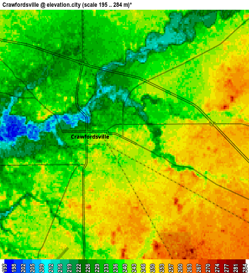 Zoom OUT 2x Crawfordsville, United States elevation map