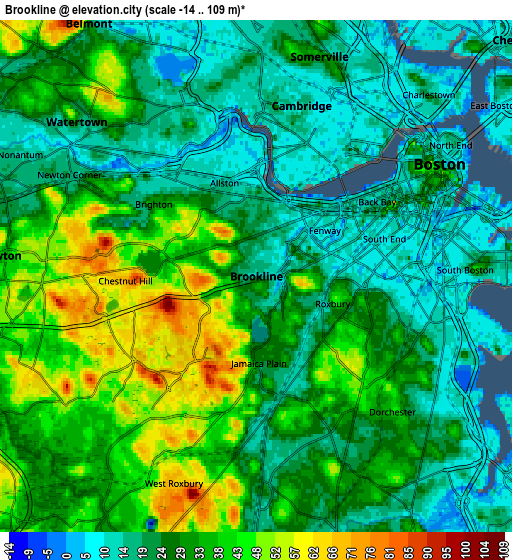 Zoom OUT 2x Brookline, United States elevation map