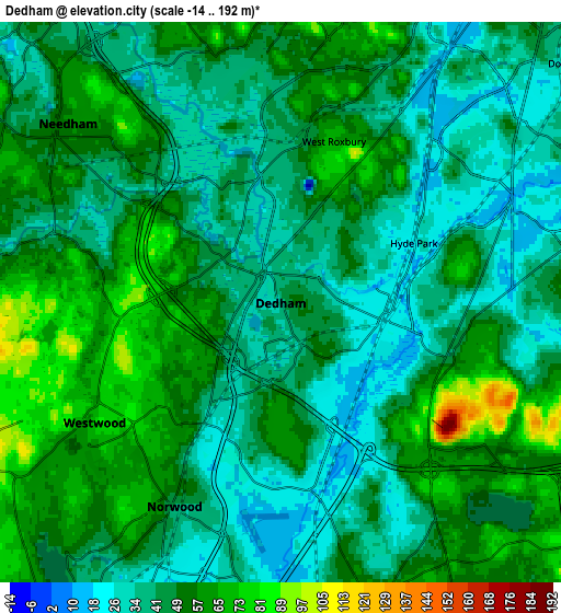 Zoom OUT 2x Dedham, United States elevation map