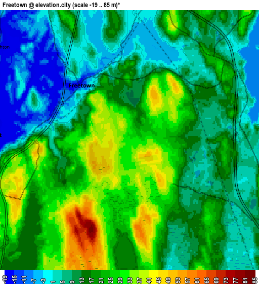 Zoom OUT 2x Freetown, United States elevation map