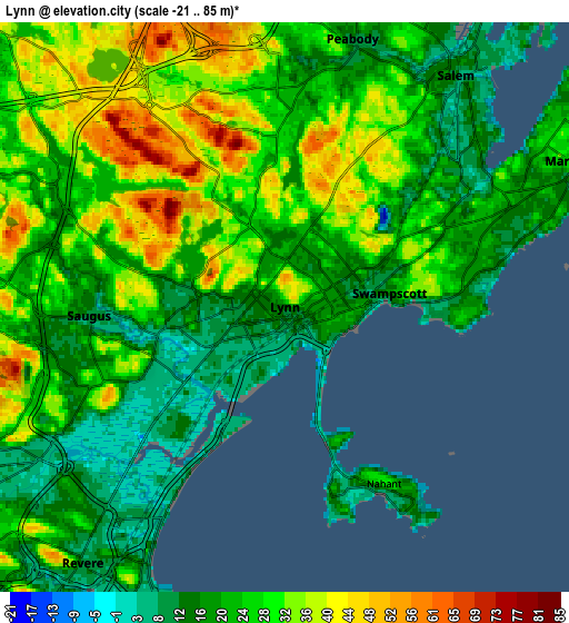 Zoom OUT 2x Lynn, United States elevation map