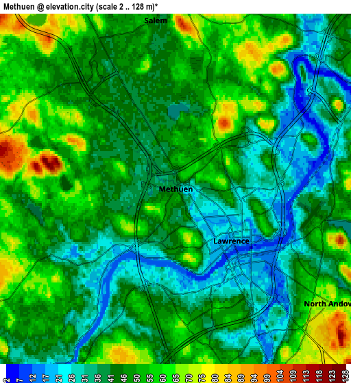 Zoom OUT 2x Methuen, United States elevation map