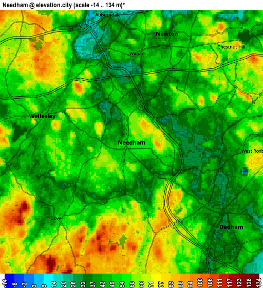 Zoom OUT 2x Needham, United States elevation map