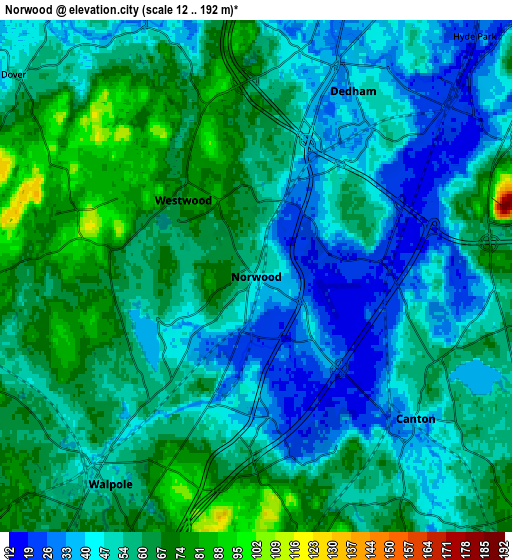 Zoom OUT 2x Norwood, United States elevation map